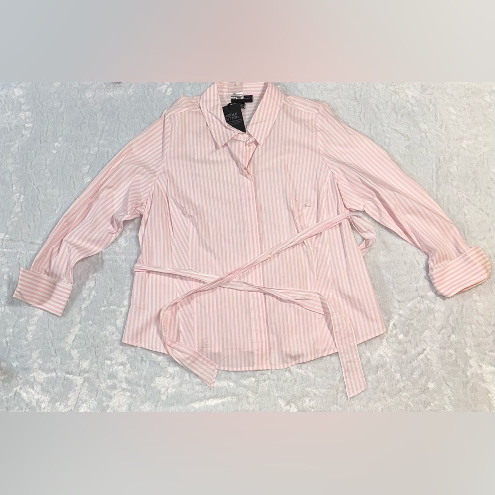 Lane Bryant Pink and White Striped Wrap-Front Shirt